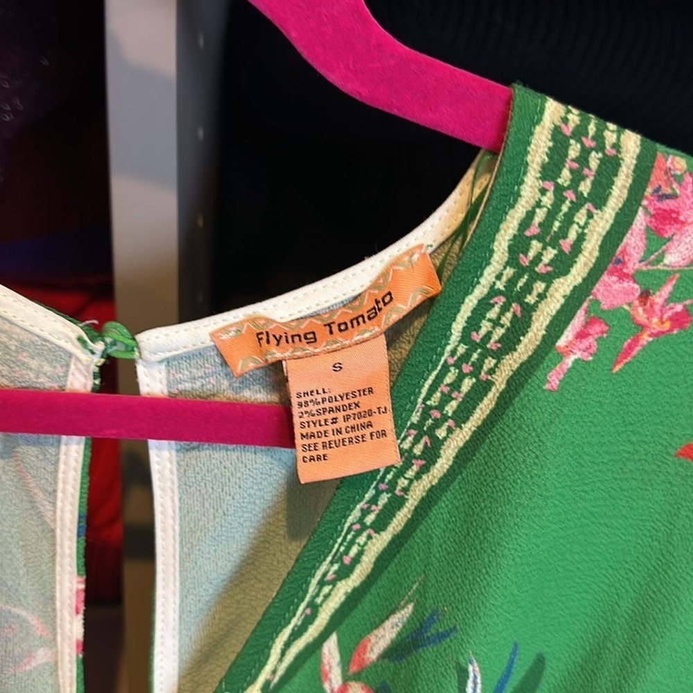 Flying Tomato green/orange/pink floral short sleeve back button jumpsuit size S - Picture 2 of 3